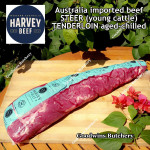 Beef Tenderloin aged chilled Australia STEER young-cattle whole cut brand HARVEY +/- 2.5 kg/pc price/kg (eye fillet mignon daging sapi has dalam) PREORDER 2-3 days notice